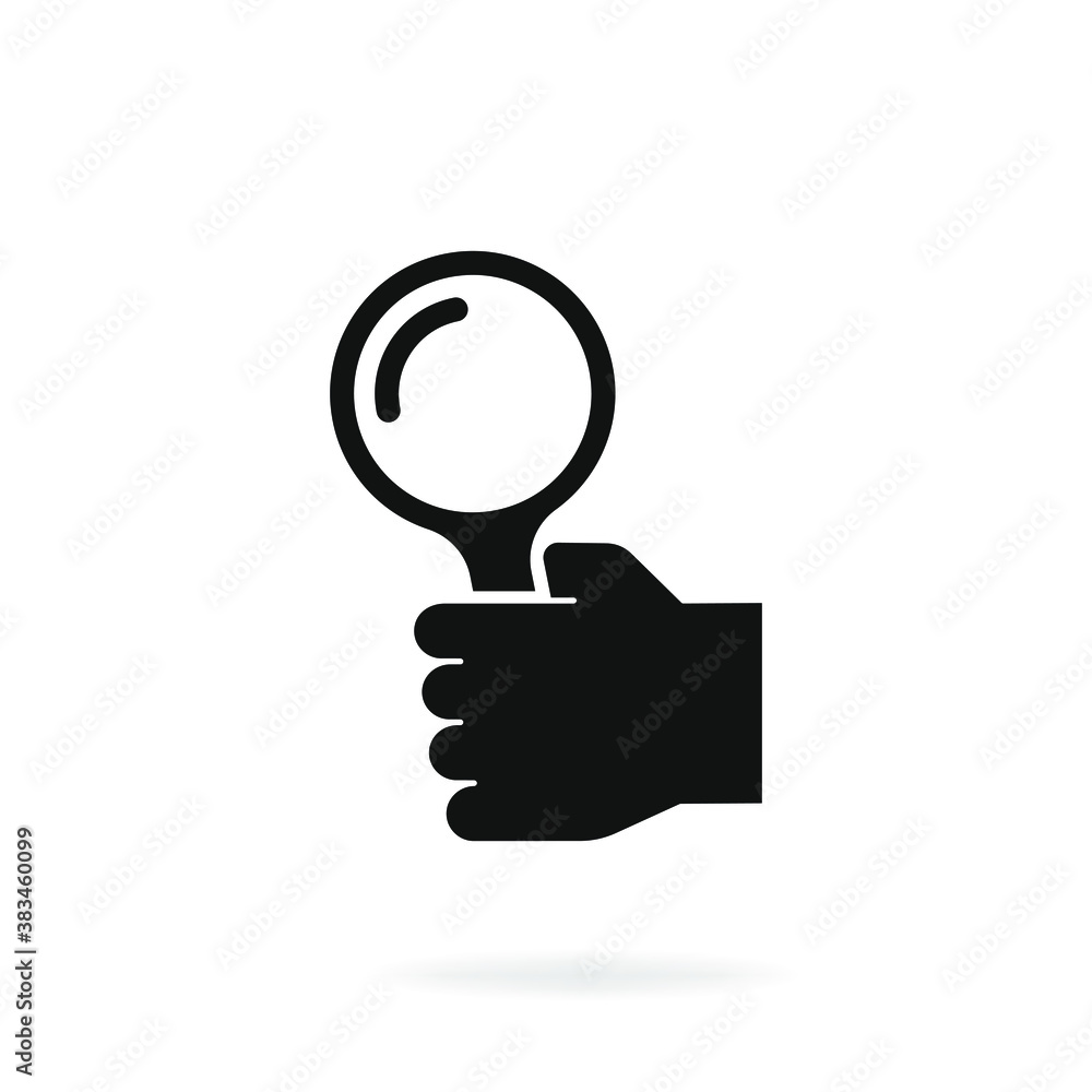 Hand with a magnifying glass glyph icon isolated on white background. Vector illustration Hand with a magnifying glass glyph icon isolated on white background. Vector illustration