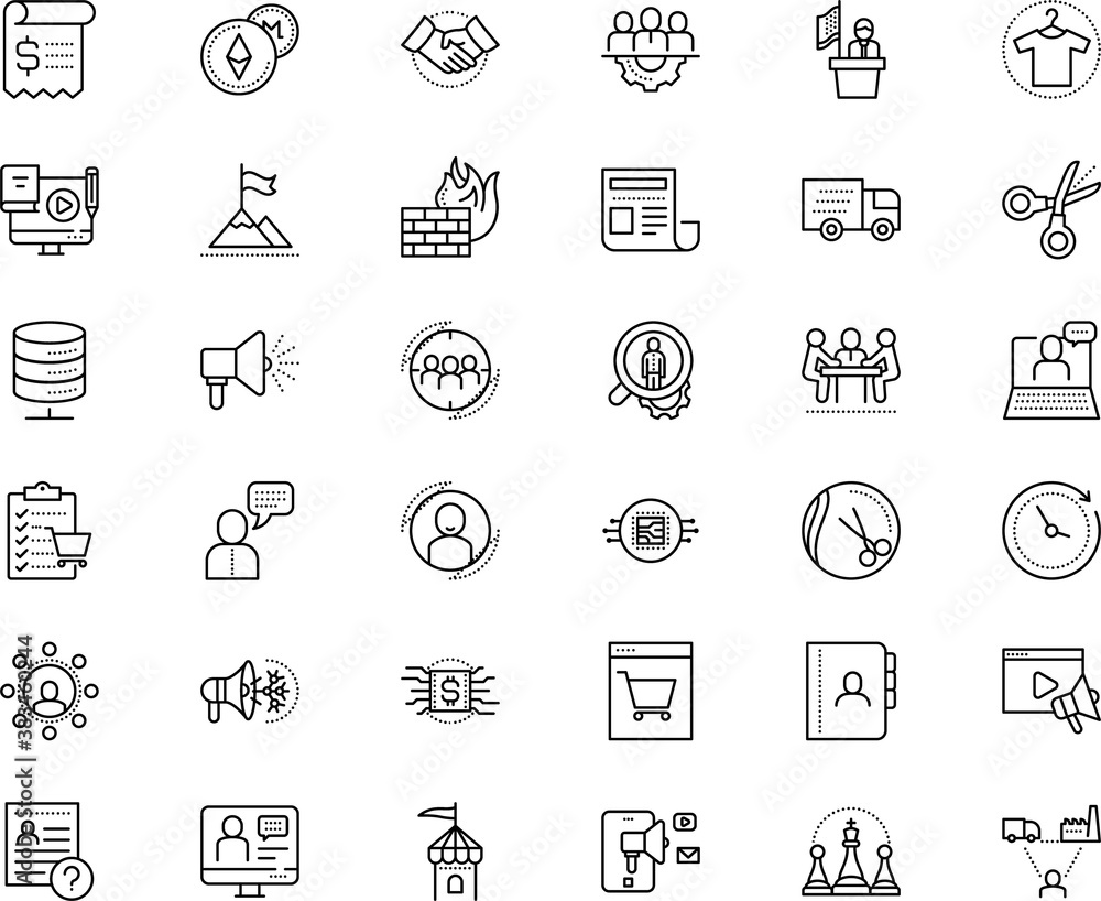 business vector icon set such as: orator, headline, paying, delivering, lite coin, cylinder, freight, bill, consulting, hanger, career, chain, coaching, logistics, chronometer, ancient, action