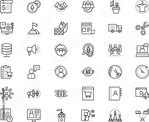 business vector icon set such as: orator, headline, paying, delivering, lite coin, cylinder, freight, bill, consulting, hanger, career, chain, coaching, logistics, chronometer, ancient, action