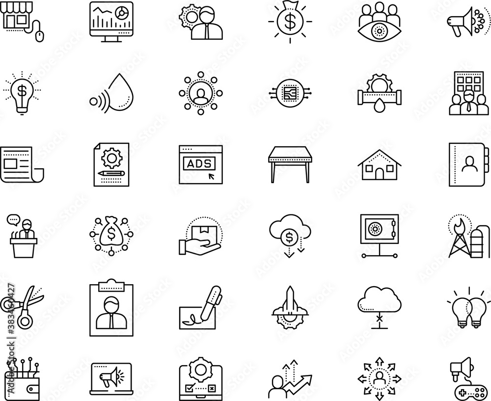 business vector icon set such as: engine, psychology, eat, chat, sensor, label, haircut, eye, delete, lite coin, receive, console, innovation, government, adjustable, petrol, store, question