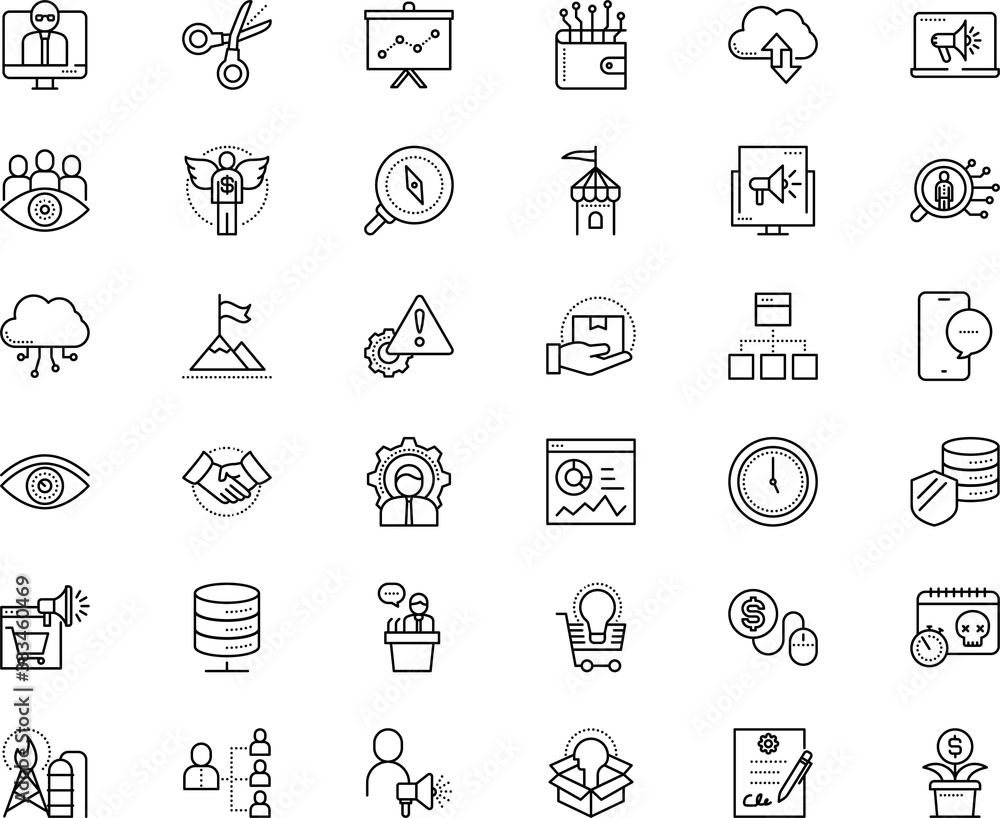 business vector icon set such as: environment, face, personnel, webinar, top, texting, target, motivational, knowledge, buy, receive, architecture, headhunter, video, carry, pipe, glass, men