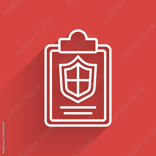 White line Document with shield icon isolated with long shadow. Insurance concept. Security, safety, protection, protect concept. Vector..