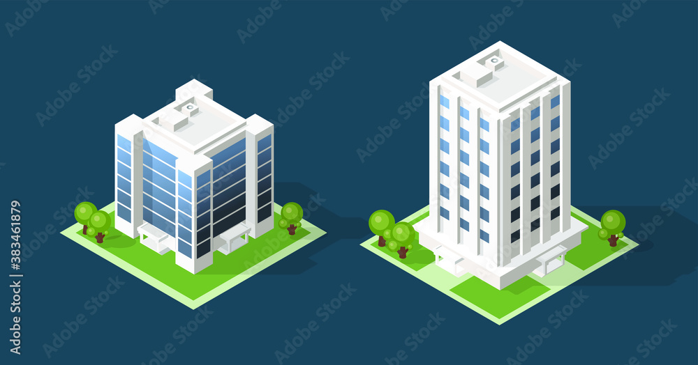 Isometric High Quality City Building with Shadows on Colored Background . Isolated Vector Elements