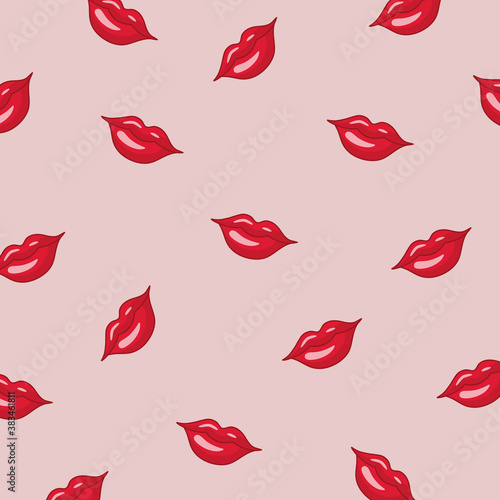 Seamless pattern Red lipstick kiss. Vector flat illustration for design. Printing of the lips.