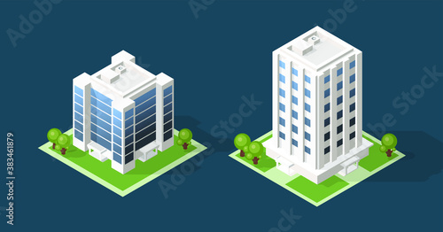 Isometric High Quality City Building with Shadows on Colored Background . Isolated Vector Elements