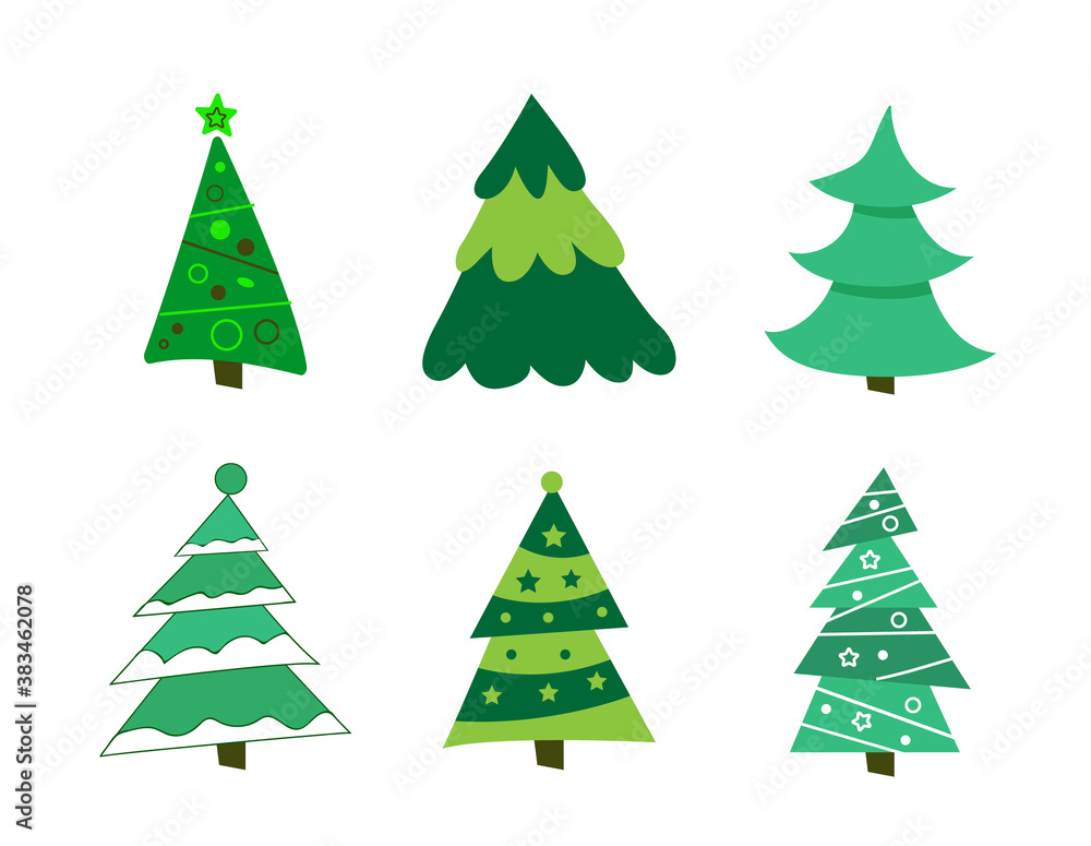 Set Different abstract green Christmas trees with tinsel and without. Collection of Christmas trees, modern flat design. vector illustration.