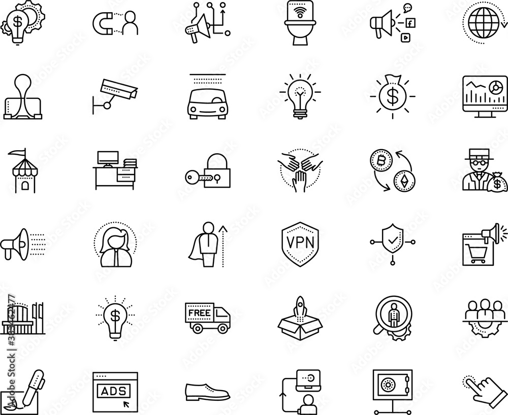 business vector icon set such as: hr, usability, surveillance, spread, member, doodle style, planet, head, check, free, save, exit, spy, content, alone, caution, chair, lace, private, engagement