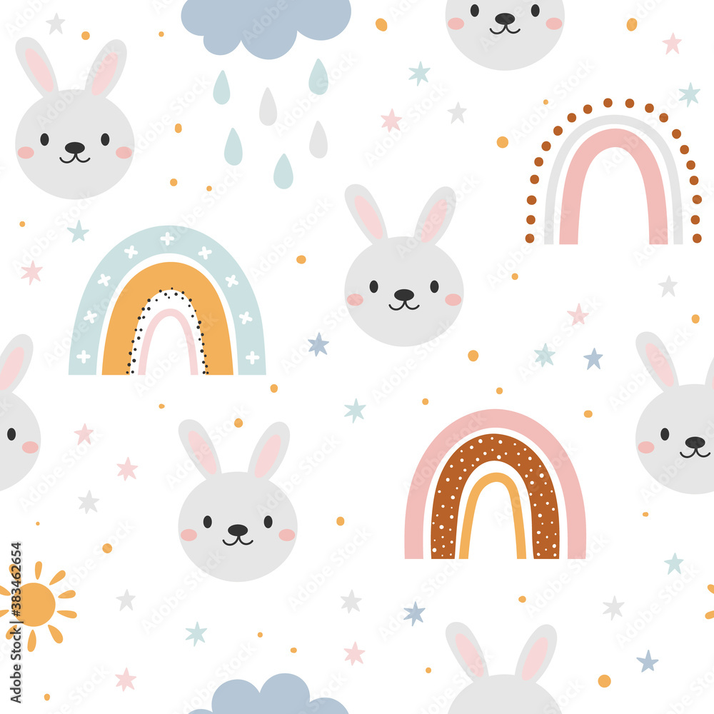 Obraz premium Rabbit and rainbow seamless pattern