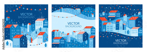 Urban landscape in a geometric minimal flat style. New year and Christmas city with garlands. Vector set of social media post design template, cards, mobile app, banner, internet ads. Space for text.