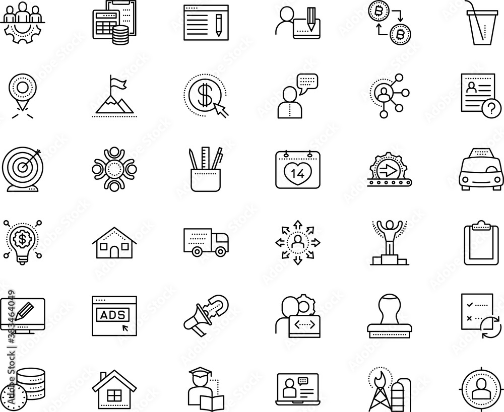 business vector icon set such as: top, laptop, male, training, cargo, coffee, delivery, chart, position, drink, contract, connected, way, climbing, human resources, recount, program, board, point