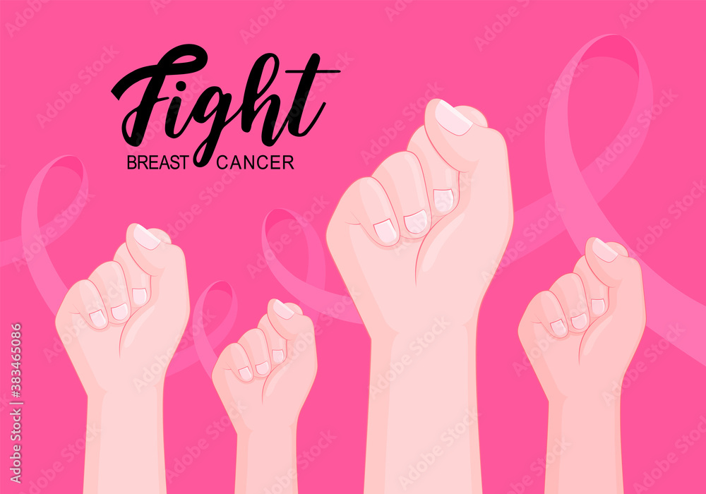 Fight breast cancer. Breast Cancer Awareness Month symbol. Vector illustration with female raised hand and pink ribbon. International health campaign for woman in October. Fight breast cancer. Breast Cancer Awareness Month symbol. Vector illustration with female raised hand and pink ribbon. International health campaign for woman in October.