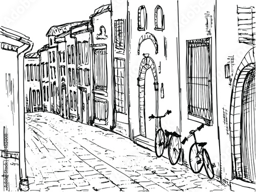 European small city. A street in the old town with a stone road and houses with windows and shutters. Memories from travels.  Hand drawn sketch illustration in vector