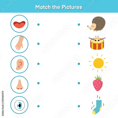 Five senses matching game for kids. Sight, touch, hearing, smell and taste