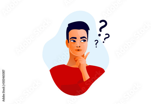 Thinking man. Beautiful face, doubts, problems, thoughts, emotions. Curious man questioning, question mark. Vector illustration