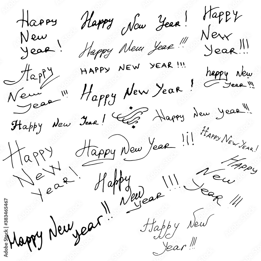 Set Happy new year text calligraphy. Happy new year hand lettering. Set Happy new year text calligraphy. Happy new year hand lettering.