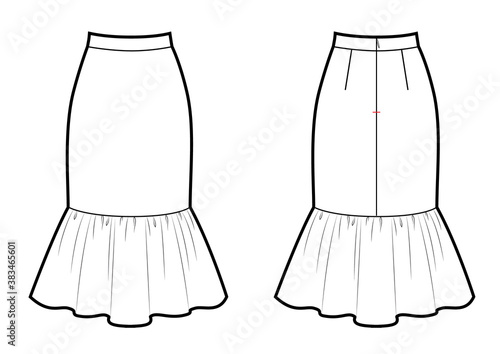 Technical drawing sketch mermaid skirt vector illustration.
