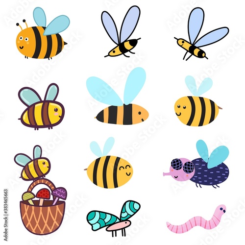 Cute bees set. Clipart bundle with funny colorful insects - bees  fly  worm