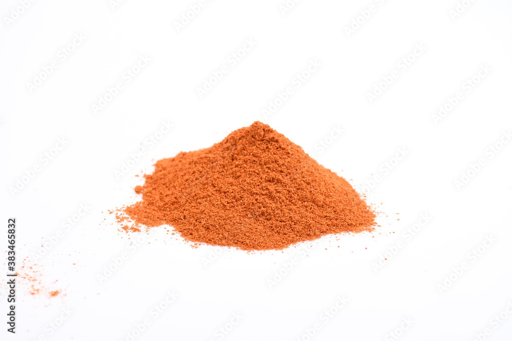 A molehill of a handful of chili powder scattered on a plain white background. A molehill of a handful of chili powder scattered on a plain white background.