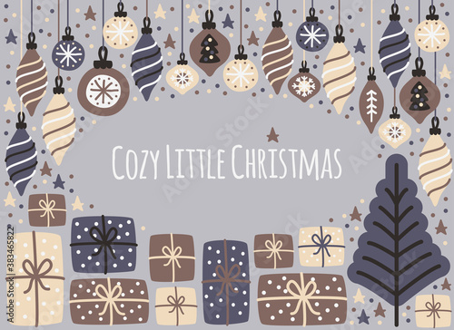 Cute Cozy Little Christmas background with hand drawn Christmas elements