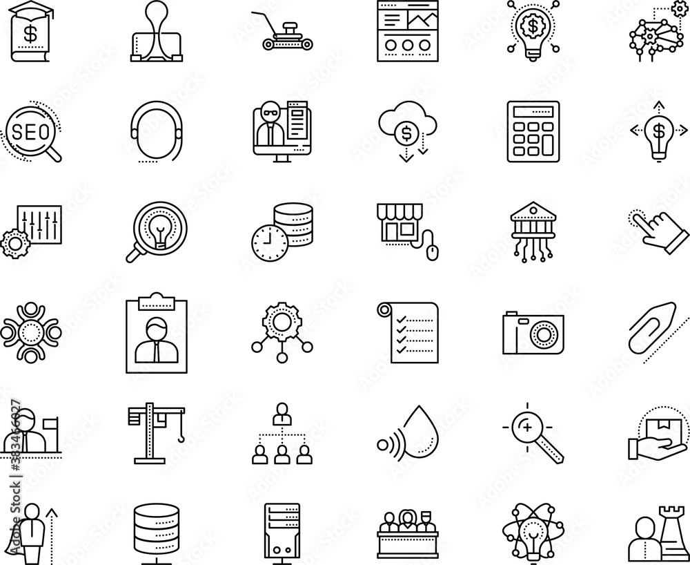business vector icon set such as: test, calculator, study, banner, attachment, creativity, resume, take, piece, bright, assessment, targeting, cv, interview, photographic, metaphor, mowing, png