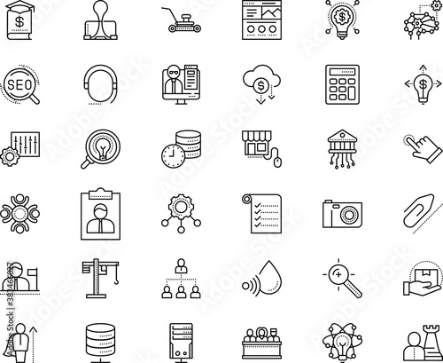 business vector icon set such as: test, calculator, study, banner, attachment, creativity, resume, take, piece, bright, assessment, targeting, cv, interview, photographic, metaphor, mowing, png