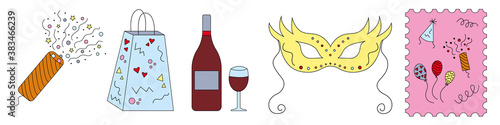 Collection of festive multicolored icons, orange cracker, festive blue package, red wine bottle, wine glass, pink card, invitation. Set of linear icons for a holiday party. Trendy flat design