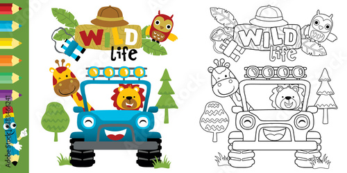 funny cartoon of animals on car, coloring book or page