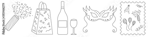 Collection of holiday icons cracker, holiday package, bottle of wine, wine glass, postcard, invitation. Set of linear icons for a holiday party. Trendy flat design