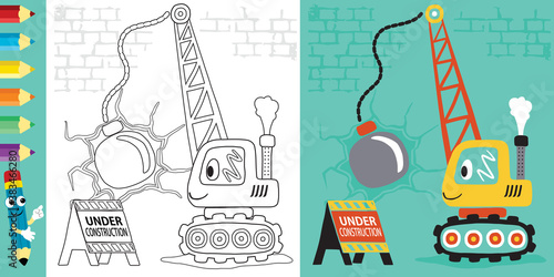 wrecking ball crane cartoon, coloring book or page