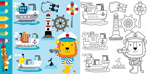 sailing theme cartoon, cargo ships with funny lion, coloring book or page