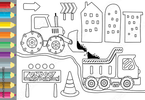 cartoon of building process with construction vehicles, coloring book or page