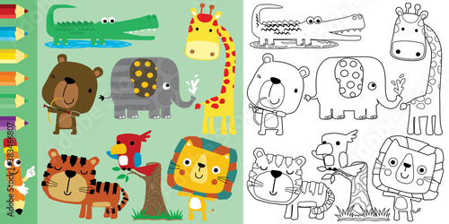 Set of animals cartoon, coloring book or page