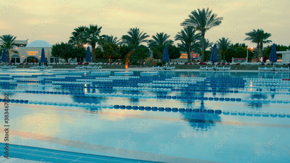 Beautiful swimming pool with clean blue water. Open air pool in egypt.
