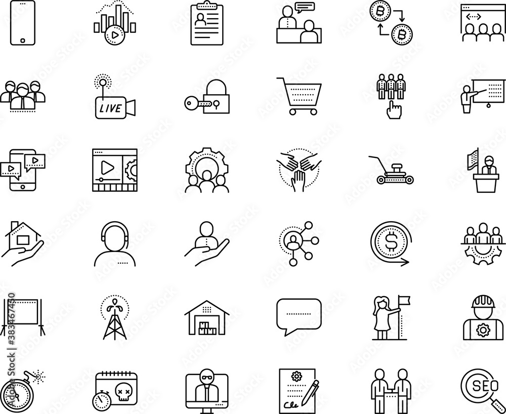 business vector icon set such as: derrick, explosion, label, material, diary, finger, course, player, linear, social media network-live video, career, film, hour, yard, dollar, legal, pen, hire