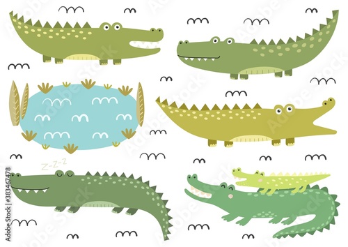 Funny crocodiles collection. Cute alligators in childish style. Safari characters