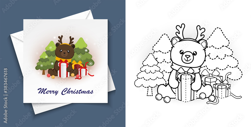 Trace and colour Merry Christmas for postcard, Preschool worksheet for practicing Trace and colour Merry Christmas for postcard, Preschool worksheet for practicing