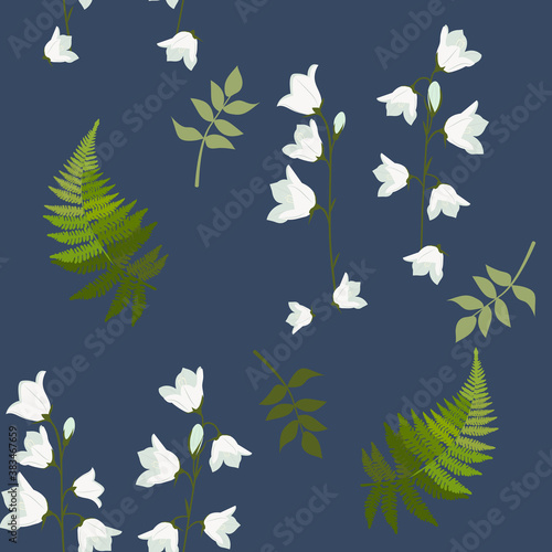 Vector seamless illustration with wild bells and fern leaves