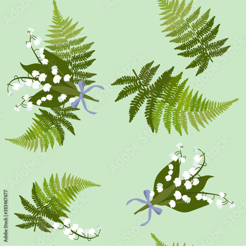 Seamless vector illustration with lilies of the valley and fern leaves