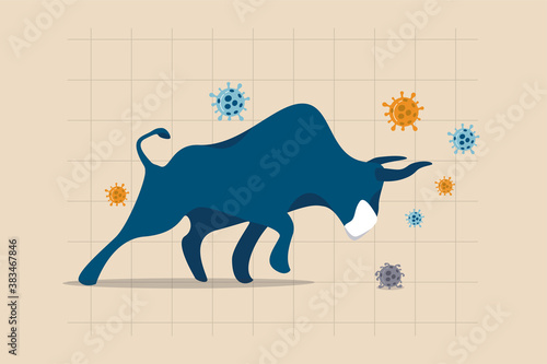 Bull market in COVID-19 outbreak, stock market recover from Coronavirus crisis or economic stimulus make stock price rising concept, raging bull wearing face mask on chart and graph, virus pathogen.