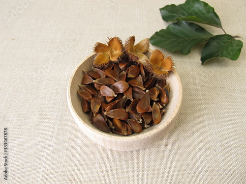 Beechnuts from the European beech in a wooden bowl