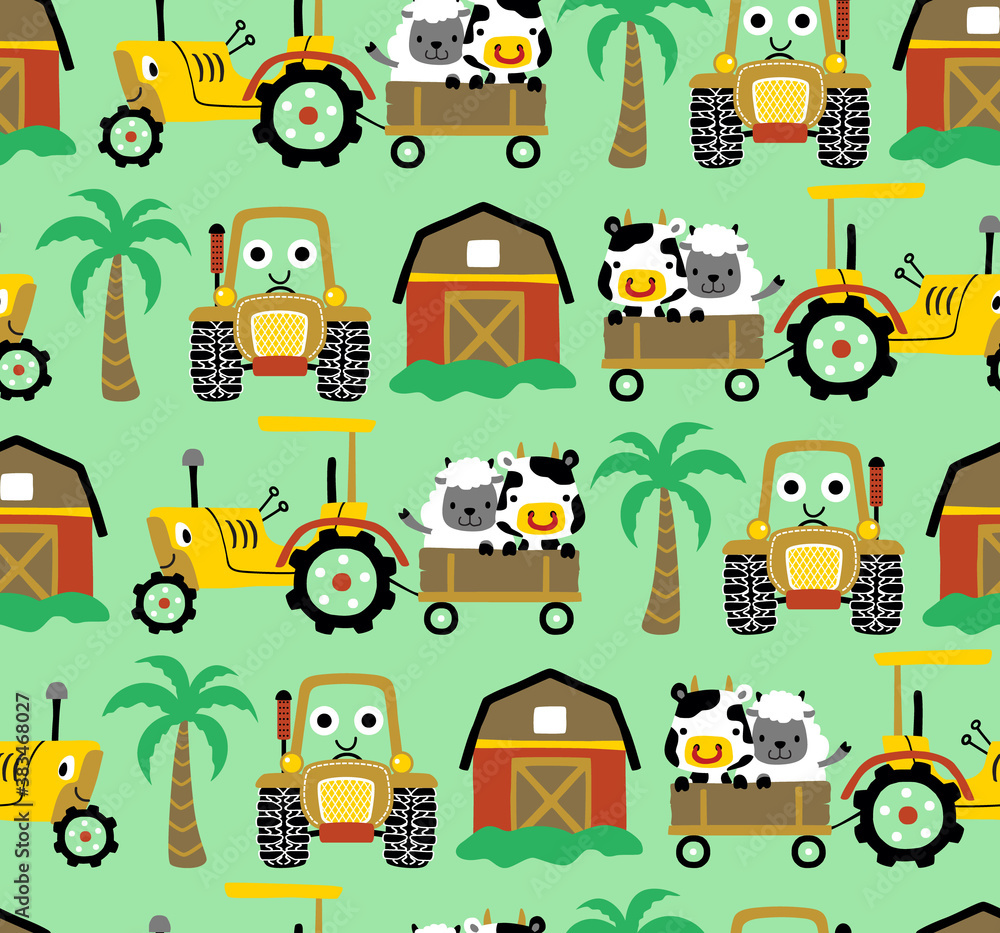 Seamless pattern vector of farm field theme cartoon with funny tractors and animals livestock Seamless pattern vector of farm field theme cartoon with funny tractors and animals livestock