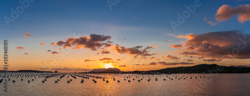 Panoramic view at dawn of shellfish farming at the entrance to the port of Olbia, Sardinia - Italy