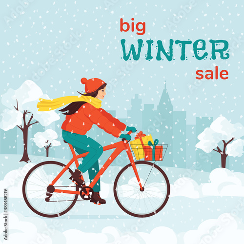 Young woman rides a bicycle with gifts in the winter snowy city park. Big winter sale. Concept template for banner, ad, poster, flyer, postcard. Happy New Year and Merry Christmas. Vector illustration