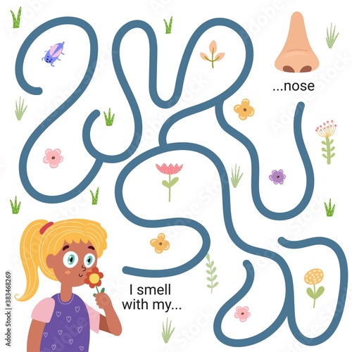 I smell with my nose funny maze game for kids. Learning five senses worksheet
