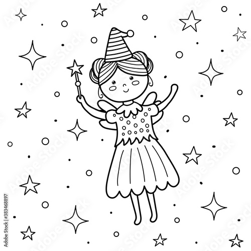 Coloring page for kids with a cute fairy. Flying princess girl with a magic wand