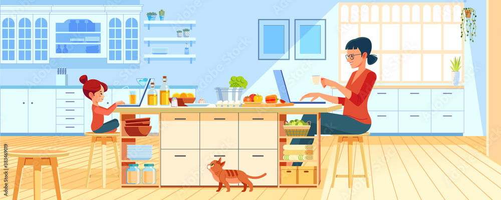 Mother with young daughter using laptop in the kitchen at home. Working mom works from home office. Woman and child using laptop. Freelancer workplace in cozy kitchen. Cartoon vector illustration Mother with young daughter using laptop in the kitchen at home. Working mom works from home office. Woman and child using laptop. Freelancer workplace in cozy kitchen. Cartoon vector illustration