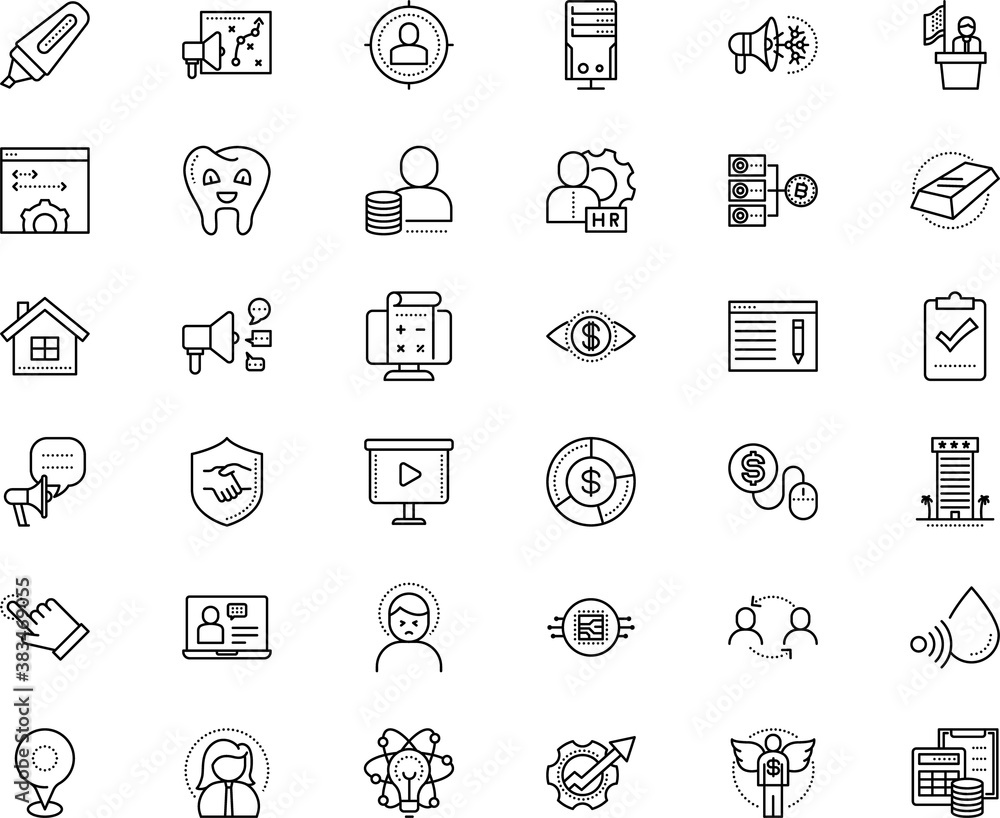 business vector icon set such as: text, destination, multimedia, landing, e learning and education, clinic, study, sensor, search, presenter, write, gauge, industrial, chat, source, microphone