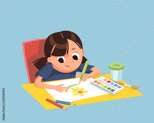 Little child baby girl drawing picture with pencils and watercolor sitting at the table. Drawing kid activity in art class. Learning how to draw.