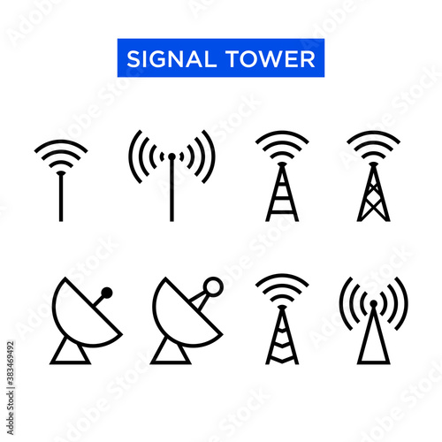 Icon set of signal tower. Suitable for design elements of telecom companies, telephony transmitting equipment, and cellular signal device. Radio antenna transmitter icon set.