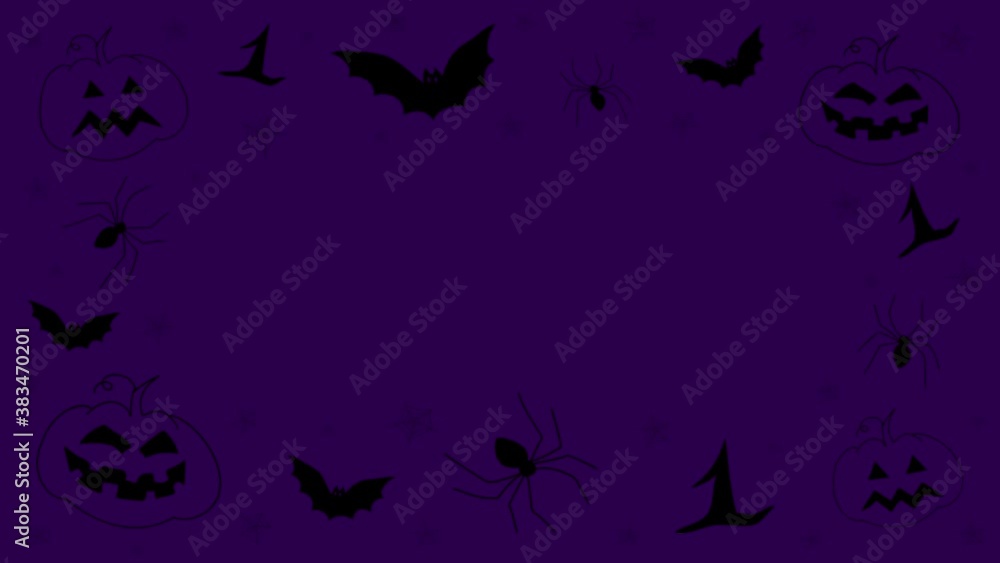 Black halloween hand drawn doodles stop motion animation, with pumpkins, spiders and bats, on a purple background